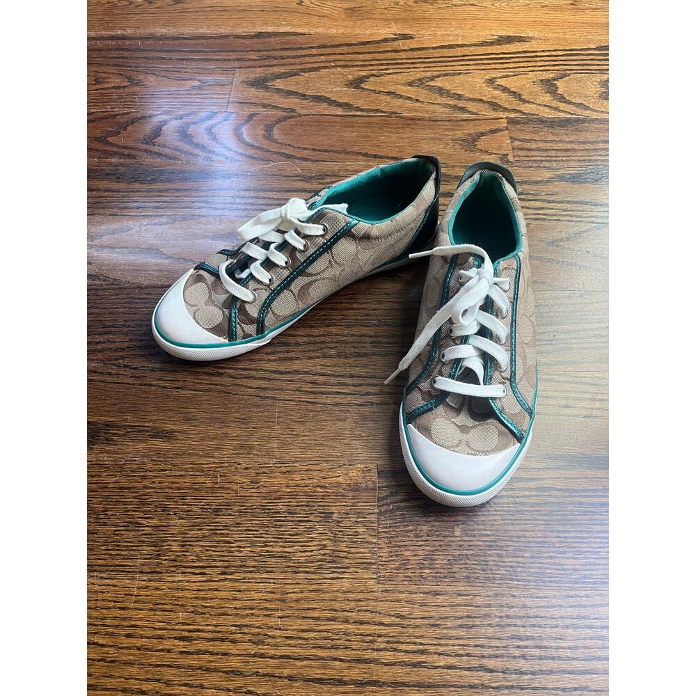 Coach Barrett womens brown signature logo sneakers with green trim Sz. 9